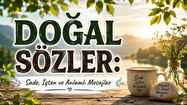 Doğa manzarası, yeşil yapraklar, ahşap masa, kupa ve çiçek detaylarıyla hazırlanmış doğal sözler kapak görseli.