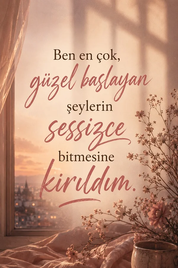 Pencere önünde çiçekler ve sıcak tonlu bir fonda “Ben en çok, güzel başlayan şeylerin sessizce bitmesine kırıldım.” sözü yazıyor.