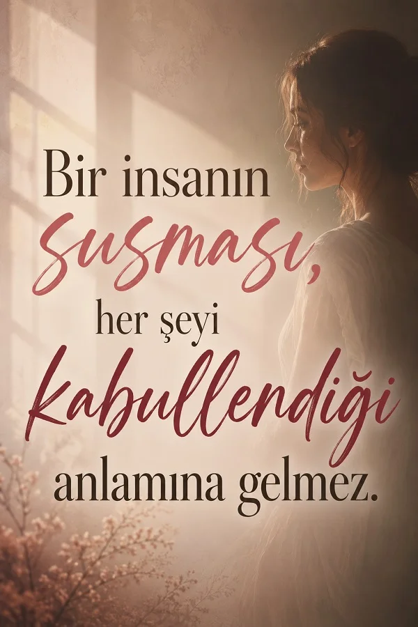 Pencere ışığı önünde duran kadın figürüyle birlikte “Bir insanın susması, her şeyi kabullendiği anlamına gelmez.” sözü bulunuyor.