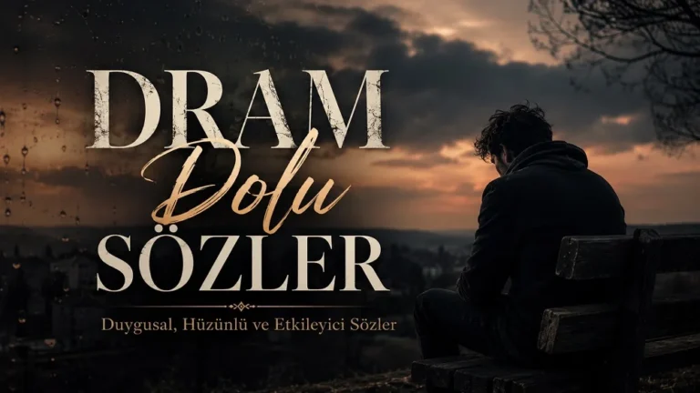 Karanlık ve hüzünlü bir manzara önünde bankta yalnız oturan bir kişi silüeti ve üzerinde “Dram Dolu Sözler” yazısı bulunan duygusal kapak görseli.