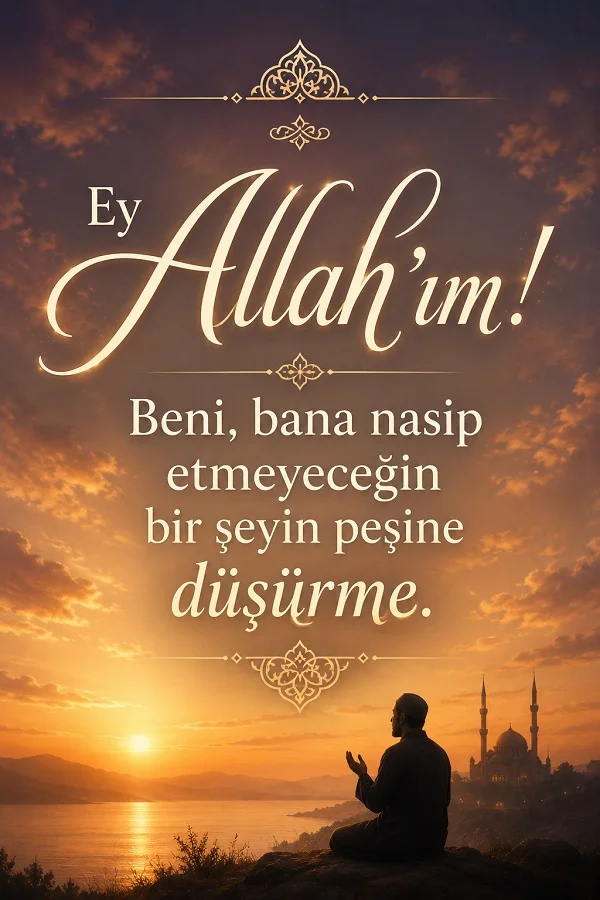 Gün batımı fonunda dua eden bir kişinin yer aldığı görselde “Ey Allah’ım! Beni, bana nasip etmeyeceğin bir şeyin peşine düşürme.” sözü yazıyor.