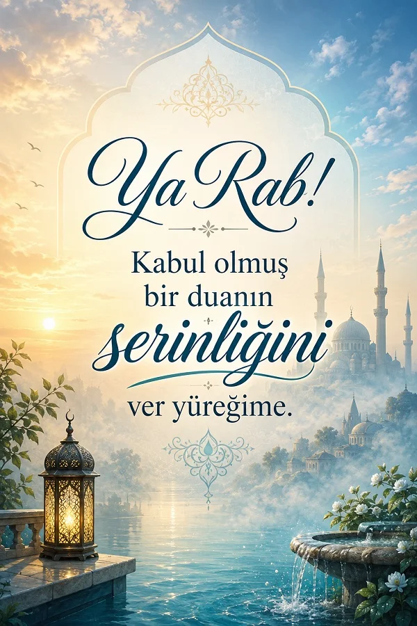Mavi tonlarda su, fıskiye ve cami manzaralı görselde “Ya Rab! Kabul olmuş bir duanın serinliğini ver yüreğime.” sözü yer alıyor.