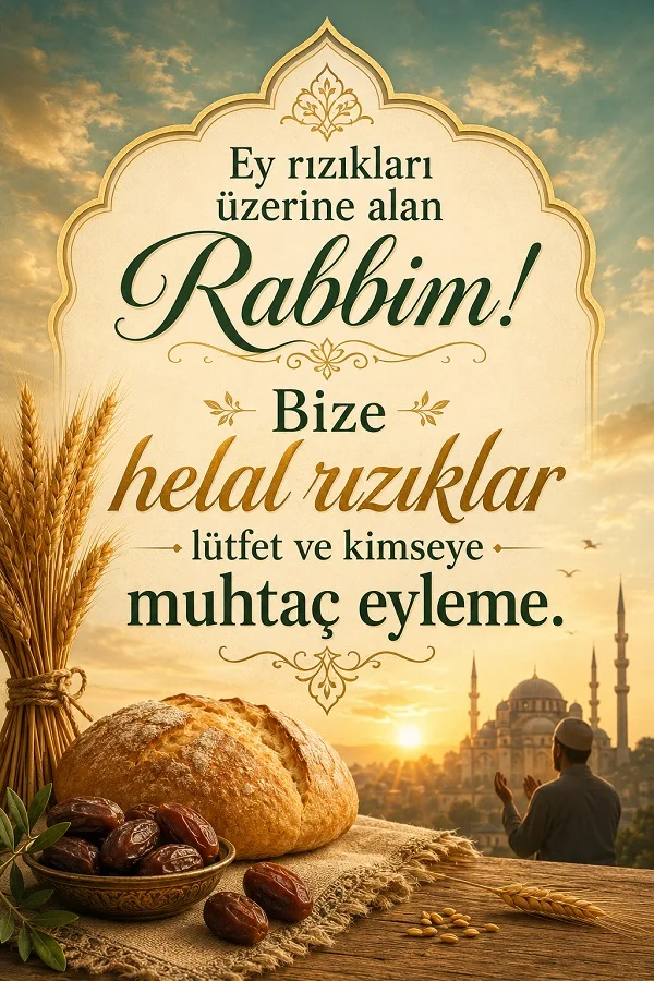 Ekmek, hurma, buğday ve cami manzarası bulunan görselde “Ey rızıkları üzerine alan Rabbim! Bize helal rızıklar lütfet ve kimseye muhtaç eyleme.” sözü yazılı.