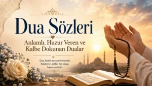 Gün doğumu manzarasında dua eden eller, tesbih, açık kitap ve cami silüetiyle hazırlanmış Dua Sözleri kapak görseli.