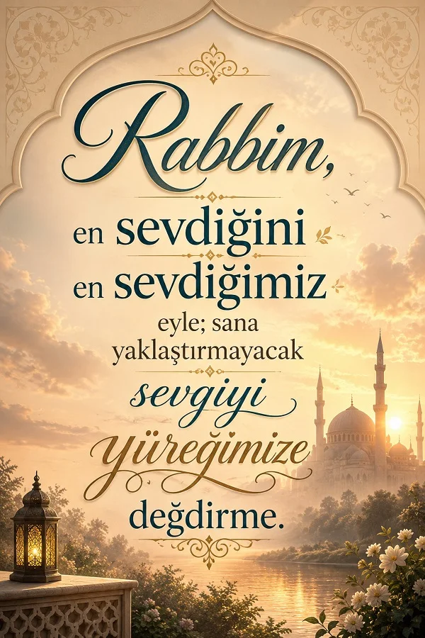 Kandil, çiçekler ve cami silueti bulunan huzurlu görselde “Rabbim, en sevdiğini en sevdiğimiz eyle; sana yaklaştırmayacak sevgiyi yüreğimize değdirme.” ifadesi yer alıyor.