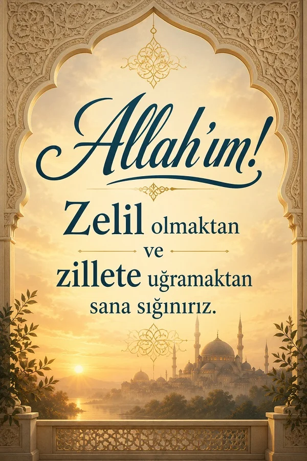 İslami kemer desenleri ve cami manzaralı görselde “Allah’ım! Zelil olmaktan ve zillete uğramaktan sana sığınırız.” sözü yazıyor.
