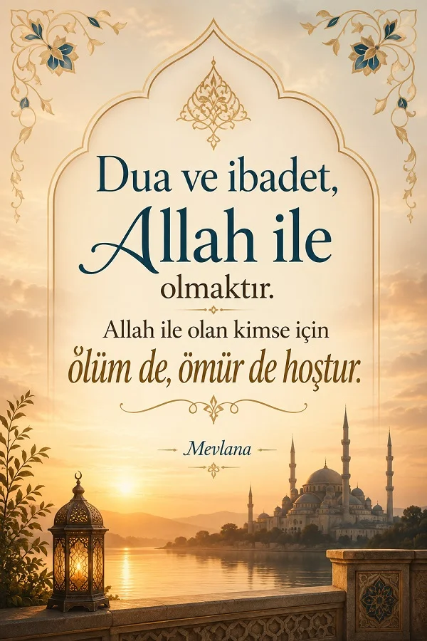 Kandil ve cami manzaralı zarif tasarımda “Dua ve ibadet, Allah ile olmaktır. Allah ile olan kimse için ölüm de, ömür de hoştur. - Mevlana” sözü yer alıyor.