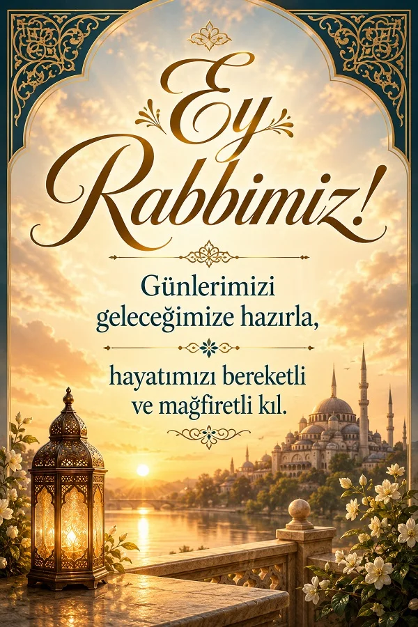 Süslemeli çerçeve, kandil ve cami manzarası bulunan görselde “Ey Rabbimiz! Günlerimizi geleceğimize hazırla, hayatımızı bereketli ve mağfiretli kıl.” sözü yazılı.