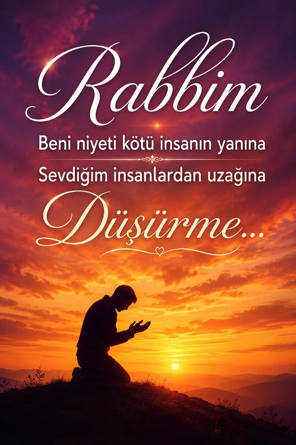 Gün batımında dua eden bir kişinin yer aldığı görselde “Rabbim Beni niyeti kötü insanın yanına Sevdigim insanlardan uzağına Düşürme...” sözü bulunuyor.