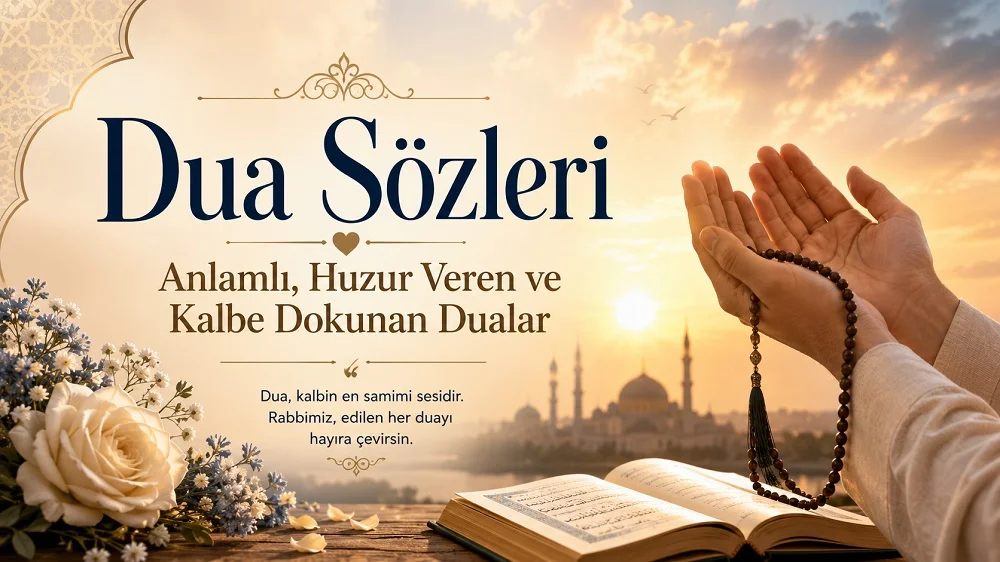 Gün doğumu manzarasında dua eden eller, tesbih, açık kitap ve cami silüetiyle hazırlanmış Dua Sözleri kapak görseli.
