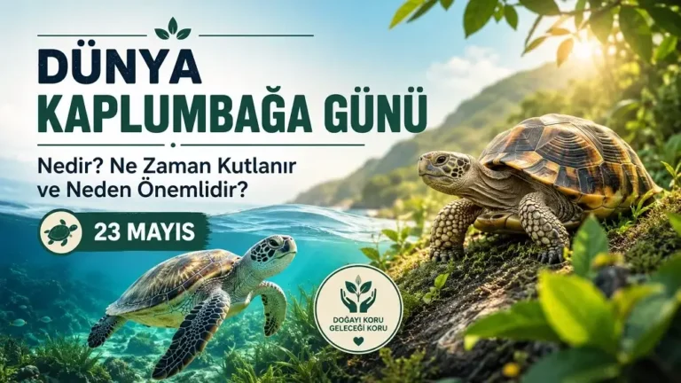 Dünya Kaplumbağa Günü nedir başlığıyla hazırlanmış, denizde yüzen kaplumbağa ve doğada yürüyen kara kaplumbağası bulunan 23 Mayıs temalı kapak görseli.