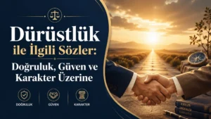Dürüstlük ile ilgili sözler başlıklı kapak görselinde, güveni simgeleyen tokalaşma, aydınlık bir yol, pusula ve doğruluk temalı ikonlar yer alıyor.
