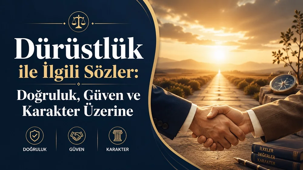 Dürüstlük ile ilgili sözler başlıklı kapak görselinde, güveni simgeleyen tokalaşma, aydınlık bir yol, pusula ve doğruluk temalı ikonlar yer alıyor.