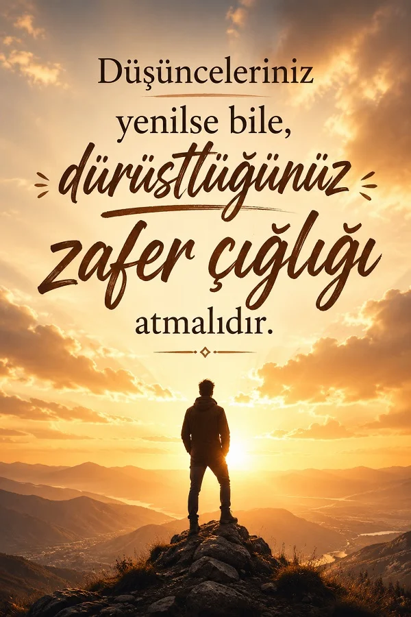 Gün doğumunda dağ zirvesinde duran bir kişinin yer aldığı fonda, “Düşünceleriniz yenilse bile, dürüstlüğünüz zafer çığlığı atmalıdır.” sözünün yazılı olduğu anlamlı söz görseli.
