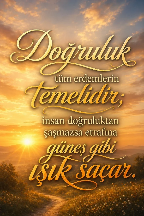Gün doğumu eşliğinde çiçekli bir patika manzarası üzerinde, “Doğruluk tüm erdemlerin temelidir; insan doğruluktan şaşmazsa etrafına güneş gibi ışık saçar.” sözünün yer aldığı dekoratif tipografik görsel.