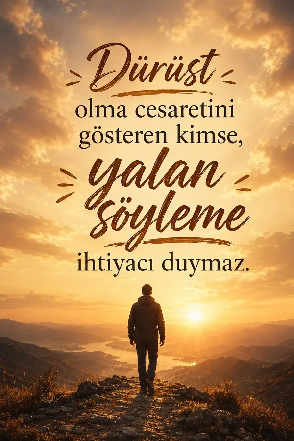 Gün batımında dağlık arazide yürüyen bir kişinin önünde, “Dürüst olma cesaretini gösteren kimse, yalan söyleme ihtiyacı duymaz.” sözünün yazılı olduğu anlamlı söz görseli.