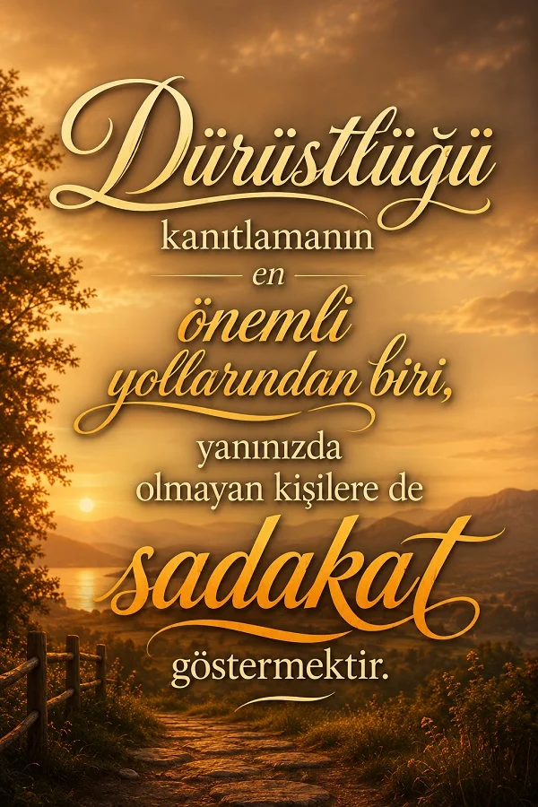 Gün batımı manzaralı taş yol ve doğa fonu üzerinde, “Dürüstlüğü kanıtlamanın en önemli yollarından biri, yanınızda olmayan kişilere de sadakat göstermektir.” sözünün yer aldığı tipografik söz görseli.