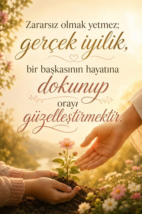 Çiçek diken ellerin yer aldığı sıcak tonlu tasarımda “Zararsız olmak yetmez; gerçek iyilik, bir başkasının hayatına dokunup orayı güzelleştirmektir.” sözü yazıyor.