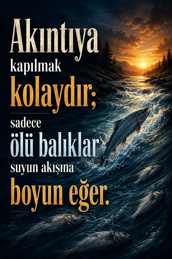 Akıntılı suda ilerleyen balıkların bulunduğu dramatik tasarımda “Akıntıya kapılmak kolaydır; sadece ölü balıklar suyun akışına boyun eğer.” sözü yer alıyor.