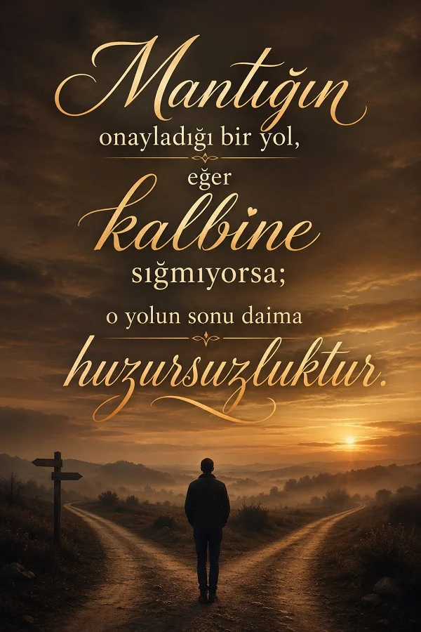 Yol ayrımında duran bir kişinin yer aldığı gün batımı temalı tasarımda “Mantığın onayladığı bir yol, eğer kalbine sığmıyorsa; o yolun sonu daima huzursuzluktur.” sözü yazıyor.