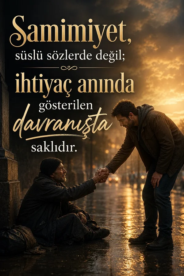 Yağmurlu bir sokakta bir kişinin yerde oturan adama yardım eli uzattığı tasarımda “Samimiyet, süslü sözlerde değil; ihtiyaç anında gösterilen davranışta saklıdır.” sözü yazıyor.