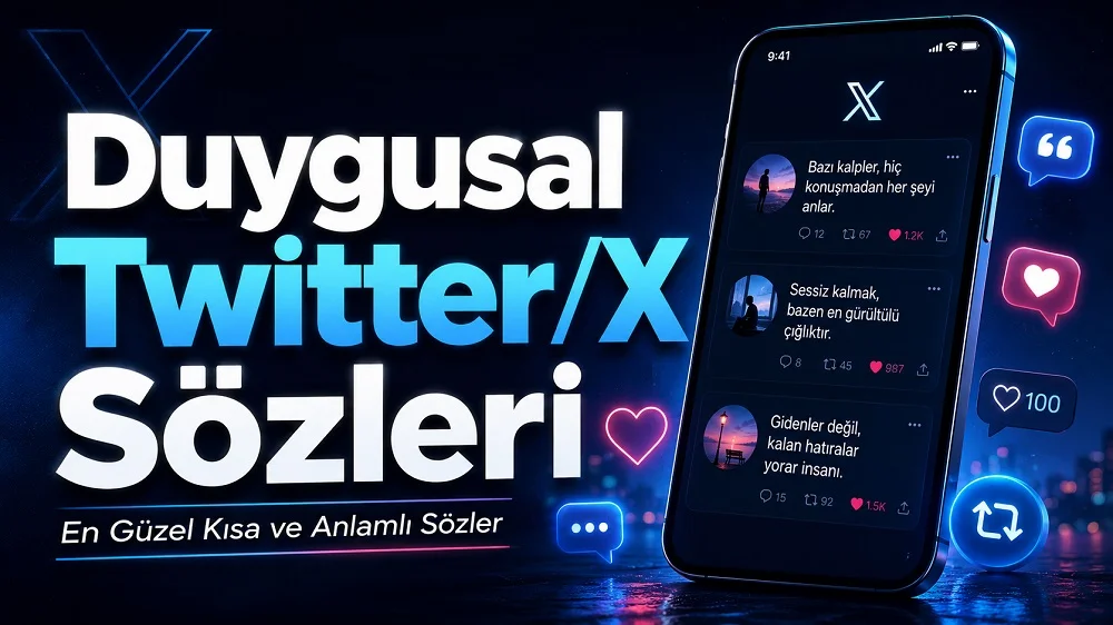 Koyu mavi neon tonlarda hazırlanmış kapak görselinde, sol tarafta “Duygusal Twitter/X Sözleri” başlığı, sağ tarafta ise telefon ekranında örnek duygusal paylaşımlar ve sosyal medya simgeleri yer alıyor.
