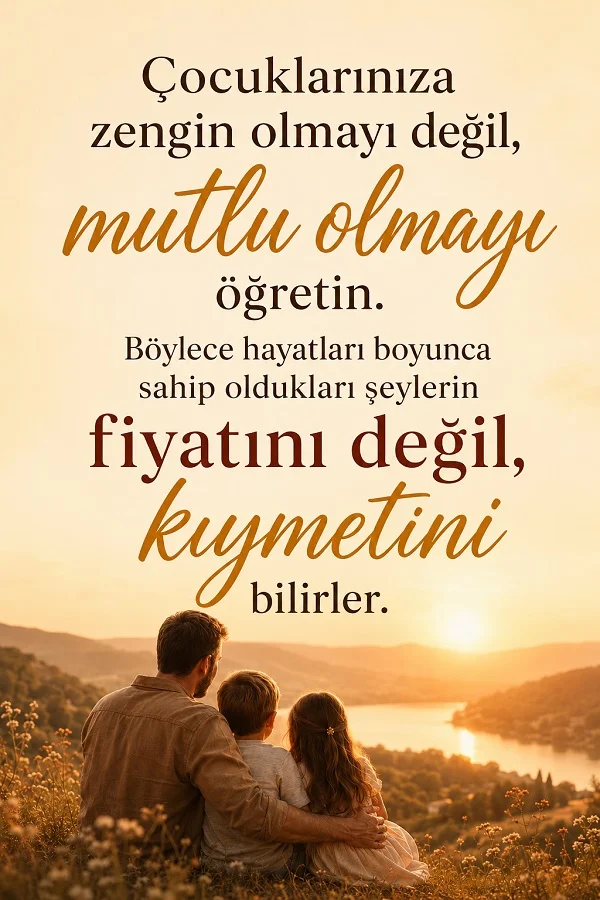 Gün batımında çocuklarıyla manzaraya bakan ebeveyn eşliğinde “Çocuklarınıza zengin olmayı değil, mutlu olmayı öğretin...” sözünün yer aldığı aile temalı görsel.