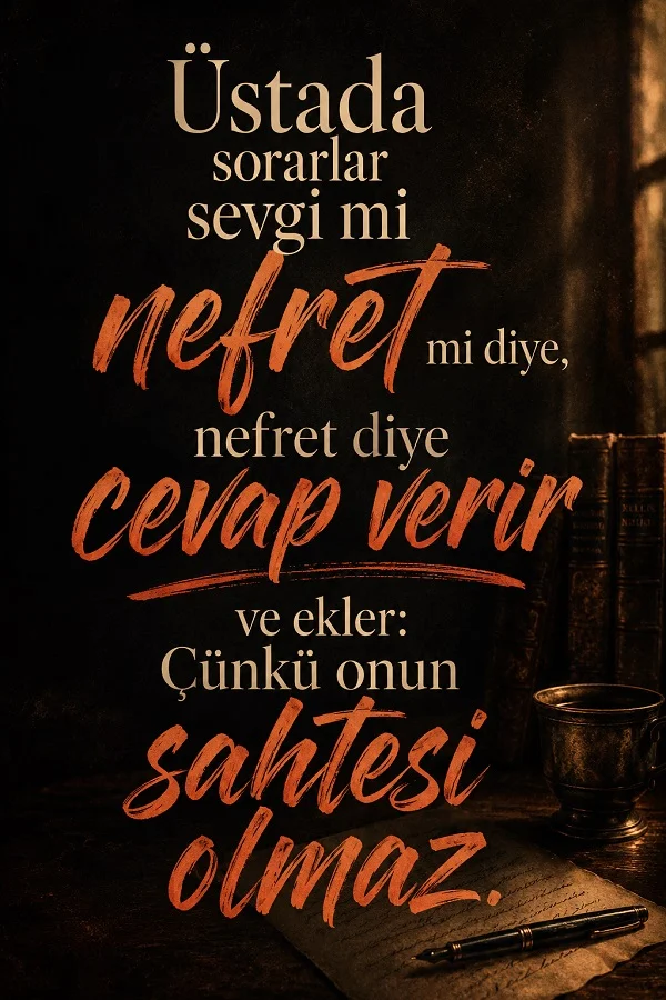 Loş ışıklı masa, kitap ve kalem fonunda “Üstada sorarlar sevgi mi nefret mi diye...” yazılı düşündürücü söz görseli.