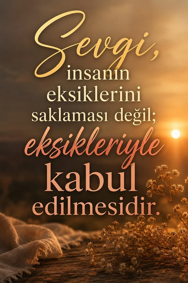 Gün batımı fonu ve çiçeklerle “Sevgi, insanın eksiklerini saklaması değil; eksikleriyle kabul edilmesidir.” yazılı romantik söz görseli.