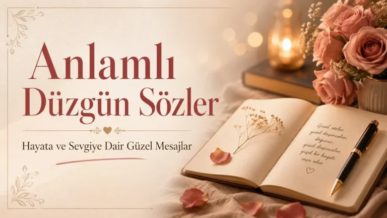 Defter, kalem, gül ve mum detaylarıyla hazırlanmış zarif “Anlamlı Düzgün Sözler” kapak görseli.