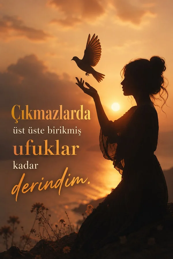 Gün batımında elinden kuş uçuran kadın silüeti ve “Çıkmazlarda üst üste birikmiş ufuklar kadar derindim” sözü.
