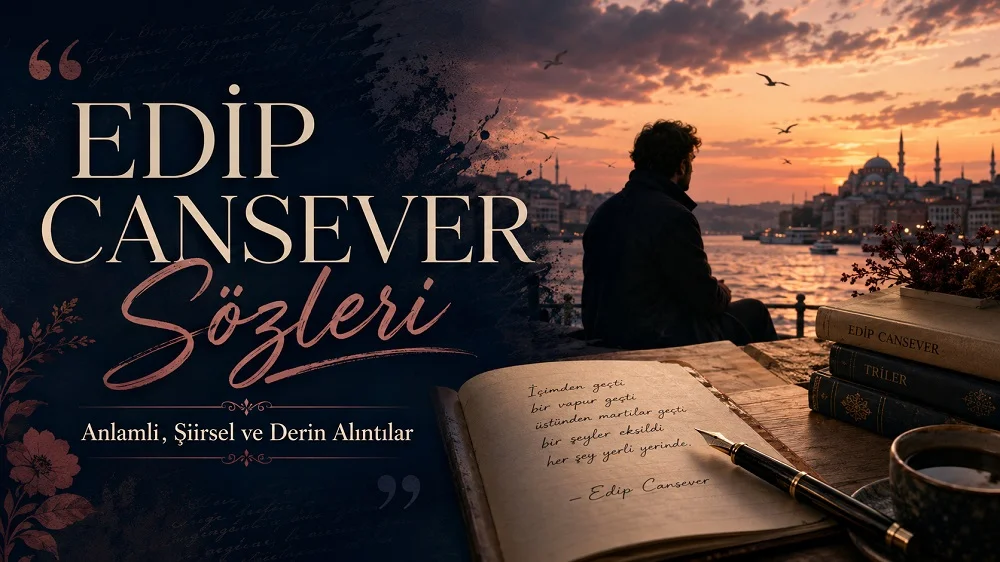 Gün batımı, deniz manzarası, defter, kalem ve kitap detaylarıyla hazırlanmış Edip Cansever sözleri kapak görseli.