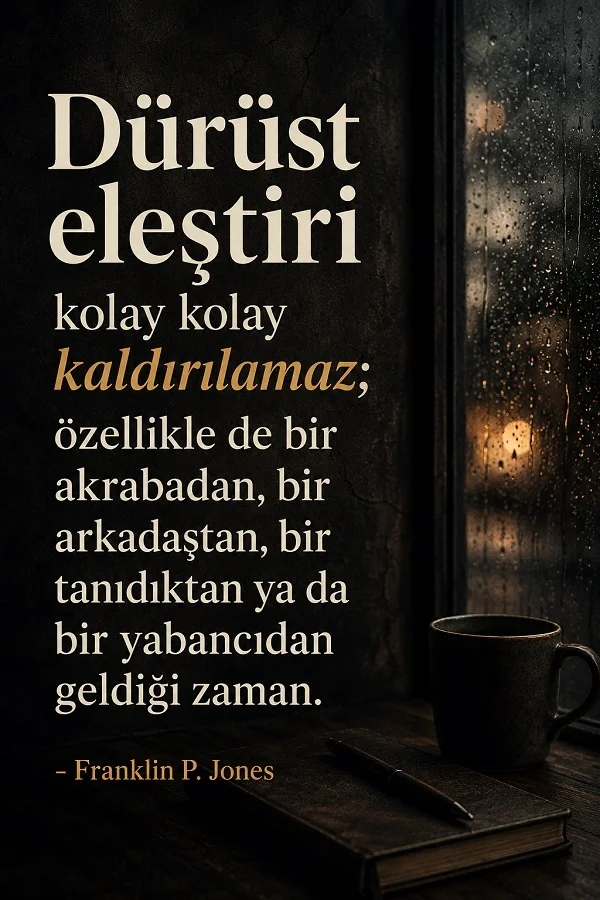 Yağmurlu pencere önünde fincan ve kitap bulunan loş bir ortamda “Dürüst eleştiri kolay kolay kaldırılamaz; özellikle de bir akrabadan, bir arkadaştan, bir tanıdıktan ya da bir yabancıdan geldiği zaman. - Franklin P. Jones” sözü yer alıyor.