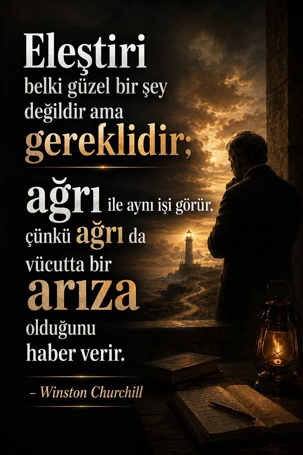Pencere kenarında düşünen bir adamın ve uzakta deniz fenerinin bulunduğu görselde “Eleştiri belki güzel bir şey değildir ama gereklidir; ağrı ile aynı işi görür, çünkü ağrı da vücutta bir arıza olduğunu haber verir. - Winston Churchill” sözü yazıyor.