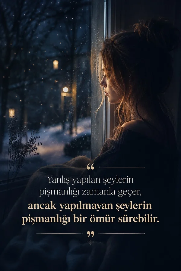 Karlı gece manzarasına bakan düşünceli kadın figürüyle birlikte “Yanlış yapılan şeylerin pişmanlığı zamanla geçer, ancak yapılmayan şeylerin pişmanlığı bir ömür sürebilir.” sözünün yer aldığı duygusal tasarım.