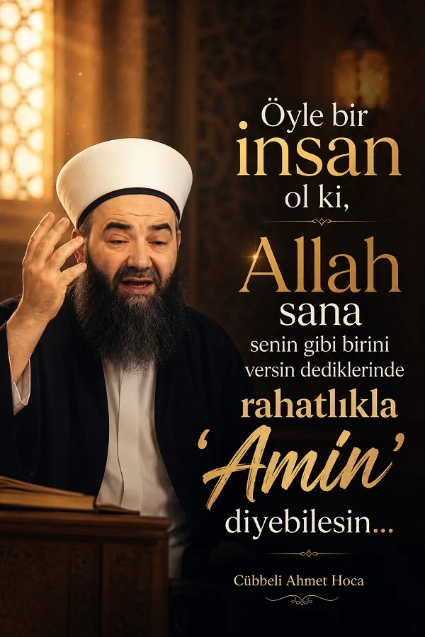 Sıcak ışıkların olduğu koyu tonlu bir ortamda, dini kıyafetli sakallı bir kişi konuşma hâlinde görülüyor. Görselin sağ tarafında “Öyle bir insan ol ki, Allah sana senin gibi birini versin dediklerinde rahatlıkla Âmin diyebilesin” sözü yer alıyor.