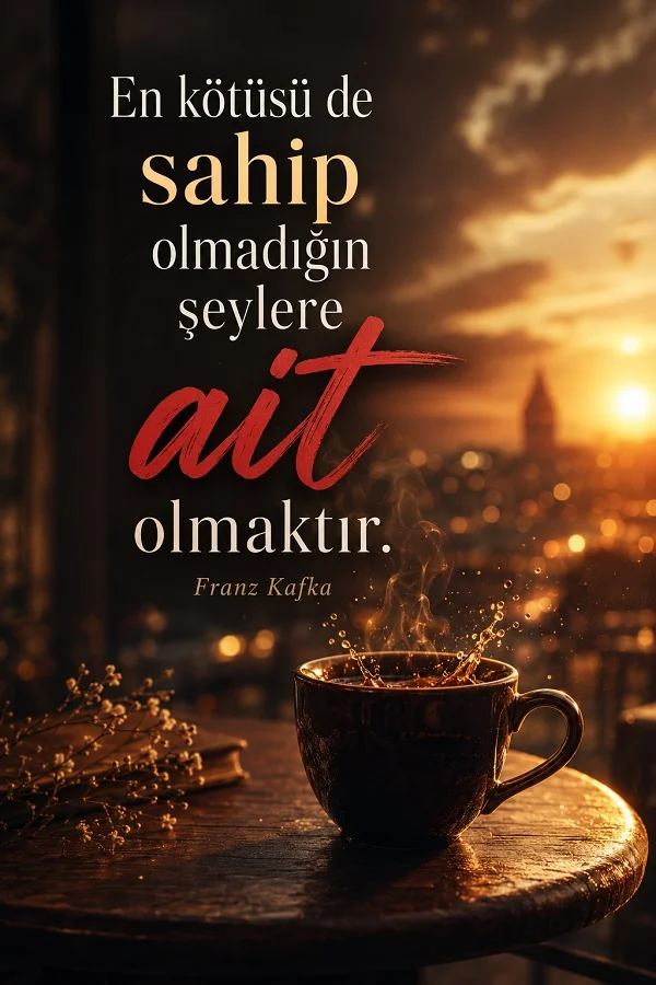 Franz Kafka’nın “En kötüsü de sahip olmadığın şeylere ait olmaktır” sözüyle hazırlanmış, gün batımı ışığında kahve fincanı ve şehir manzarası bulunan estetik söz görseli.