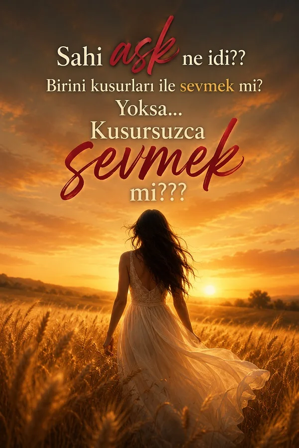 Gün batımında tarlada yürüyen kadın ve aşkın kusurlarıyla sevmek mi yoksa kusursuzca sevmek mi olduğunu sorgulayan romantik söz.