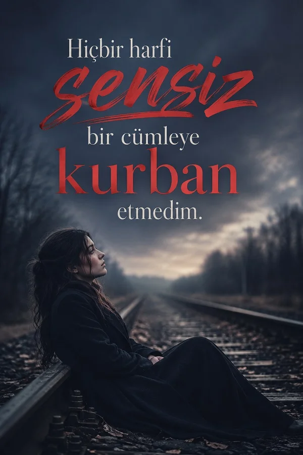 Rayların kenarında oturan yalnız kadın ve hiçbir harfini sensiz bir cümleye kurban etmediğini anlatan hüzünlü söz.
