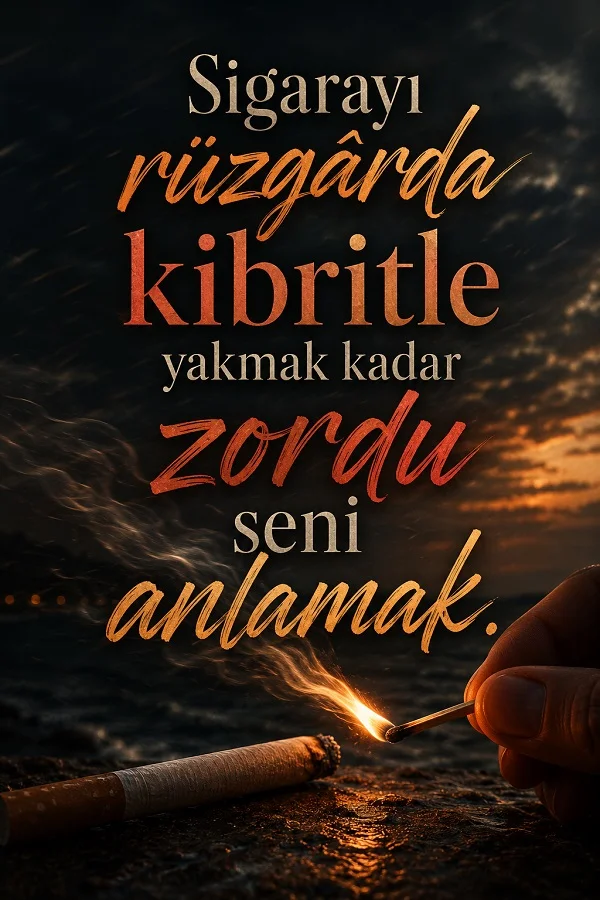 Karanlık fonda kibritle sigara yakılmaya çalışılan sahne üzerinde “Sigarayı rüzgârda kibritle yakmak kadar zordu seni anlamak.” sözü.