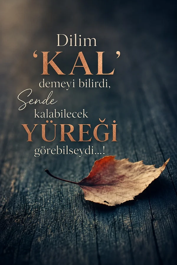 Ahşap yüzey üzerinde duran kuru yaprak eşliğinde “Dilim ‘KAL’ demeyi bilirdi, sende kalabilecek yüreği görebilseydi...!” sözü.