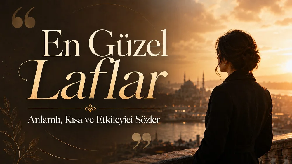 Gün batımında şehir manzarasına bakan kadın figürü ve En Güzel Laflar başlığıyla hazırlanmış anlamlı sözler kapak tasarımı.