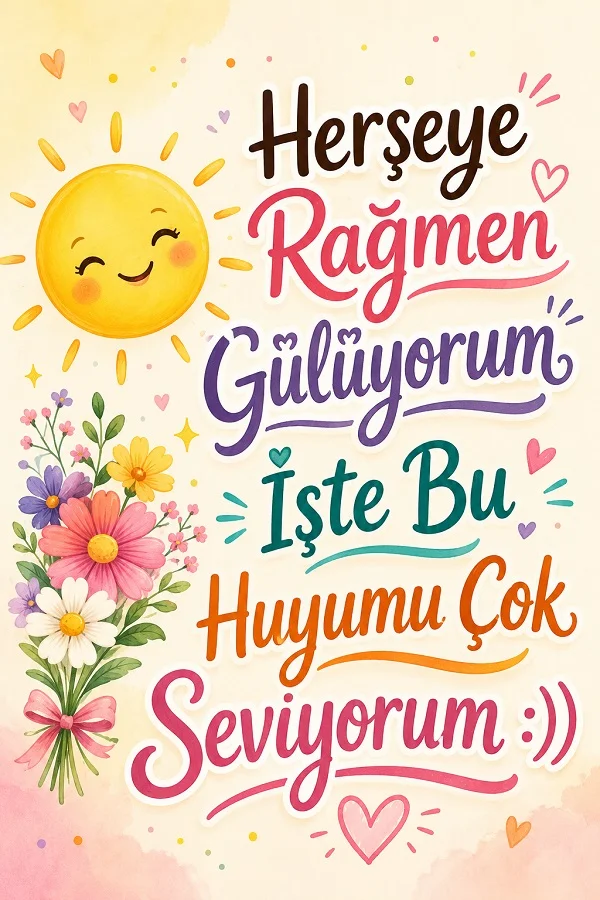 Renkli çiçekler, gülümseyen güneş ve “Her şeye rağmen gülüyorum, işte bu huyumu çok seviyorum” yazılı pozitif söz tasarımı.