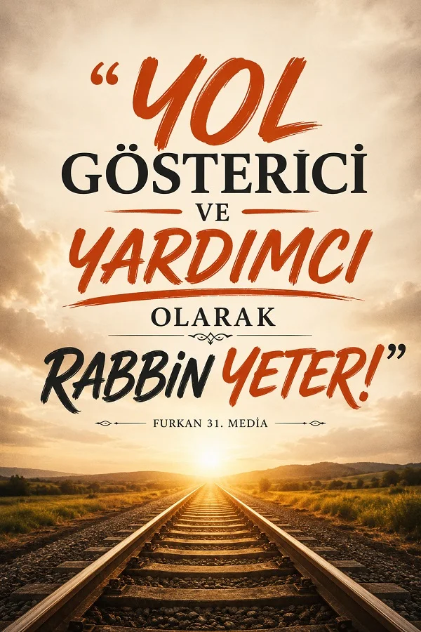 Gün batımında rayların ufka uzandığı manzara üzerinde “Yol gösterici ve yardımcı olarak Rabbin yeter!” sözü yer alıyor.