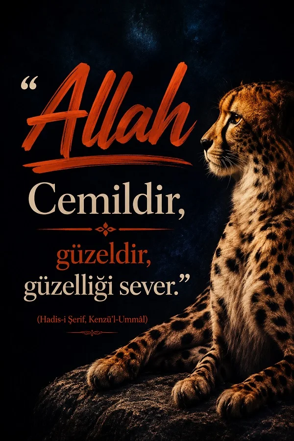 Koyu fonda leopar figürü yanında “Allah Cemildir, güzeldir, güzelliği sever.” hadis-i şerifi yazılıdır.