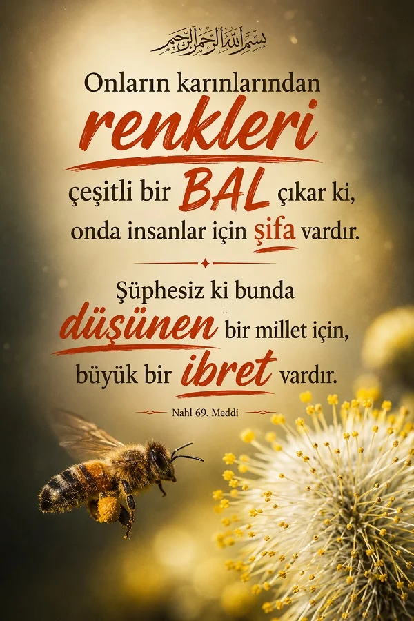 Arı ve çiçek detayı bulunan arka plan üzerinde Nahl 69. ayetten “Onların karınlarından renkleri çeşitli bir bal çıkar ki, onda insanlar için şifa vardır.” ifadesi yer alıyor.