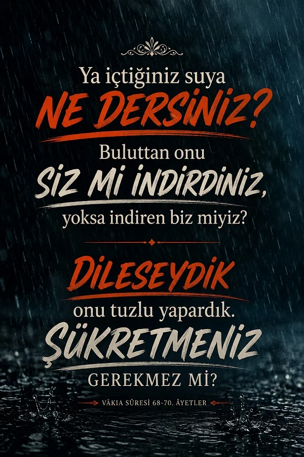 Yağmur altında koyu arka plan üzerinde Vâkıa Suresi 68-70. ayetlerden “Ya içtiğiniz suya ne dersiniz? Buluttan onu siz mi indirdiniz, yoksa indiren biz miyiz?” ifadeleri yer alıyor.