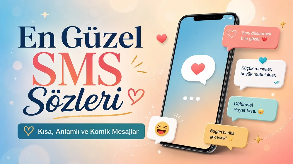 En Güzel SMS Sözleri Kısa, Anlamlı ve Komik Mesajlar başlıklı, telefon ve sohbet balonlarıyla hazırlanmış renkli kapak tasarımı.