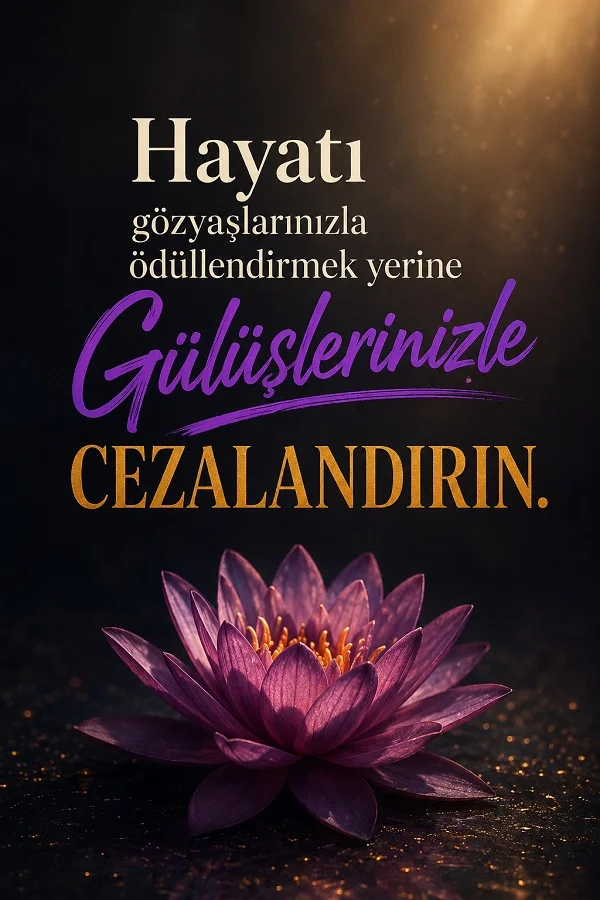 Mor lotus çiçeği ve “Hayatı gözyaşlarınızla ödüllendirmek yerine gülüşlerinizle cezalandırın” sözünün yer aldığı motivasyonel tasarım.