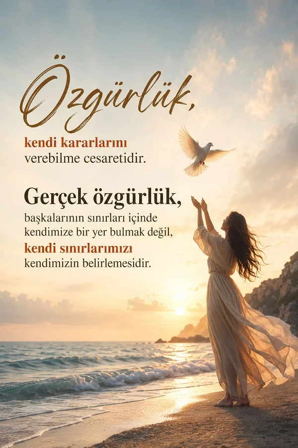 Deniz kıyısında güvercin uçuran kadın ve özgürlüğün kendi kararlarını verebilme cesareti olduğunu anlatan söz.